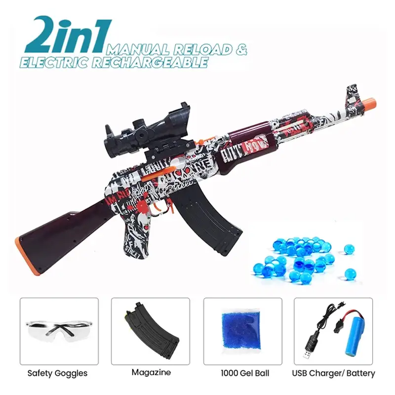 A-47 Gel Blaster Manual Reload &amp; Automatic Electric Rechargeable - 2 in 1 Toygun With Goggles - Size Approx. 24 Inch