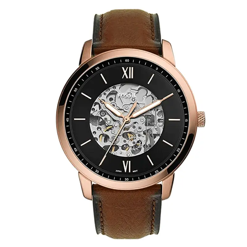 Fossil Men’s Automatic Brown Leather Strap Black Skeleton Dial 44mm Watch ME3195