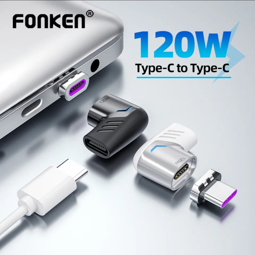 Fonken 120W Magnetic Cable Socket Adapter USB Type C Cell Mobile Phone Tablet Cable Converter Black