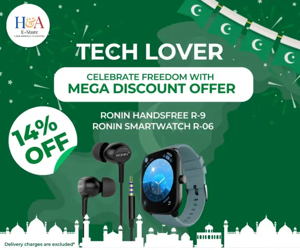Azaadi Deal: R-9 Handsfree Immersive Bass | 3.5mm AUX | 10mm Audio Driver &  R-06 Smart Watch 2.04 Inch Big Display | Always on Display | Amoled Display