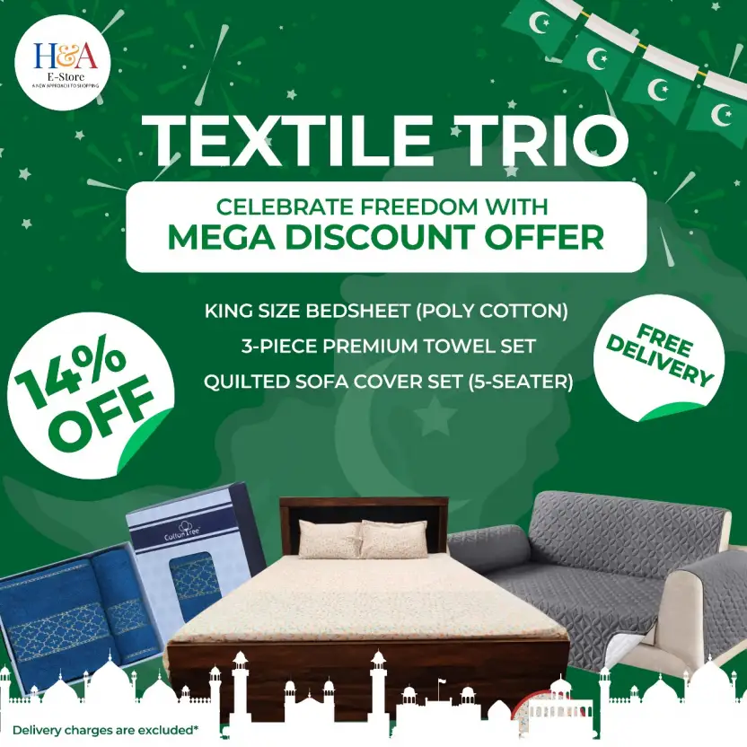 AZAADI OFFER -Textile Trio: Bedsheet, Towel & 5 Seater Sofa Cover Combo Deal