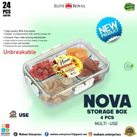 Nova Premium 4-Compartment Airtight Storage Box — BPA-Free Unbreakable Food Container with 4-Side Locking System | Elite Royal Series