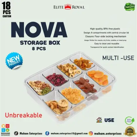 Nova Premium 8-PCS / 8-Compartment Airtight Storage Box — BPA-Free Unbreakable Food Container with 4-Side Locking System | Elite Royal Series