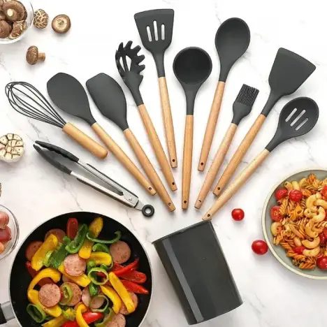 12 Pieces Silicone Kitchen Utensils Set with Wooden Handles & Holder – Food-Grade Heat Resistant Non-Stick Cooking Tools