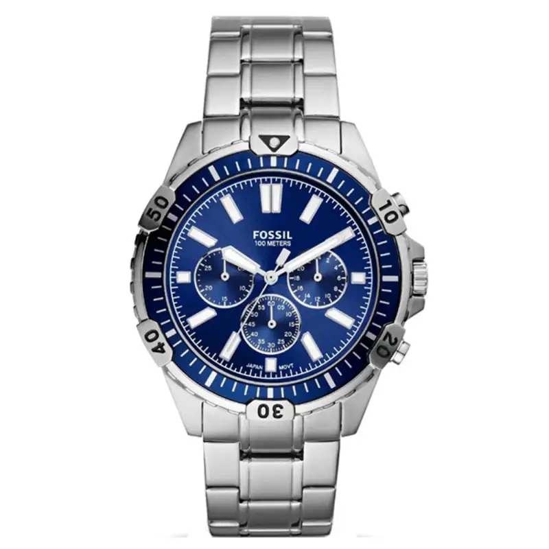Fossil Garrett Silver Stainless Steel Blue Dial Chronograph Watch For Gents - FS5623