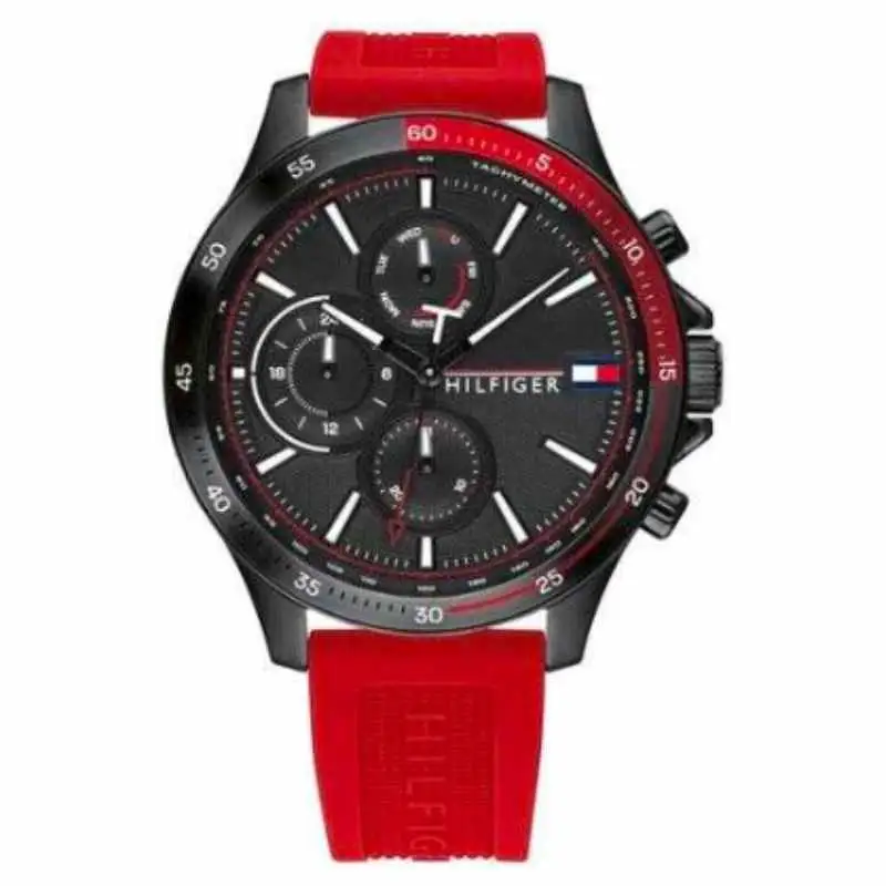 Tommy Hilfiger Men's Round Shape Silicone Strap Analog Wrist Watch 46 mm - Red - 1791722