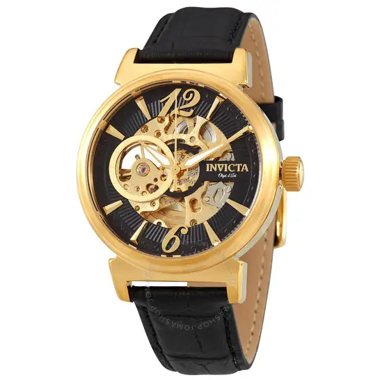 Invicta Objet D Art Automatic Black Dial Black Leather Men's Watch