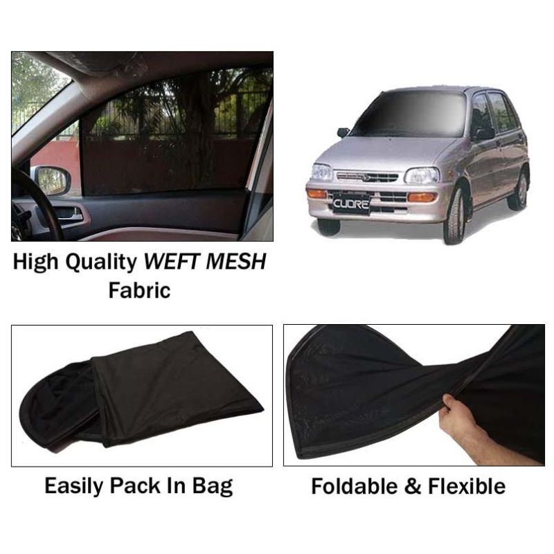 Daihatsu Cuore Sun Shades | Foldable | Mesh Fabric | Flexible Rods | Dark Black | Packed In Bag