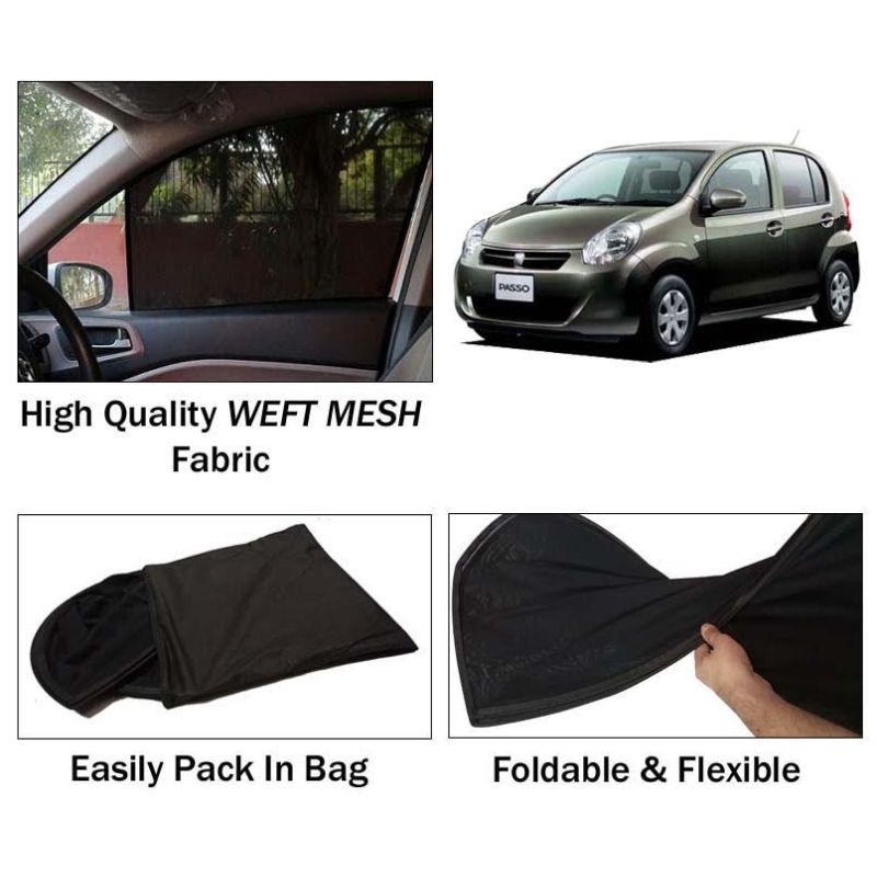 Toyota Passo 2011 - 2016 Sun Shades | Foldable | Mesh Fabric | Flexible Rods | Dark Black | Packed In Bag