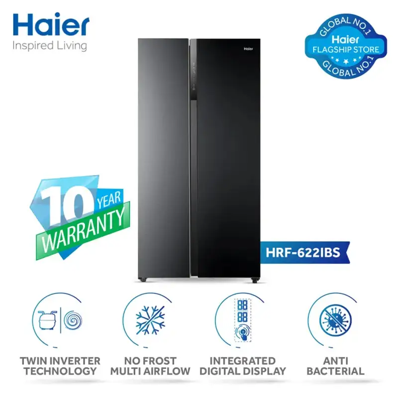 Haier HRF-622IBS Side by Side Door Inverter Refrigerator 22 Cubic Feet With Official Warranty