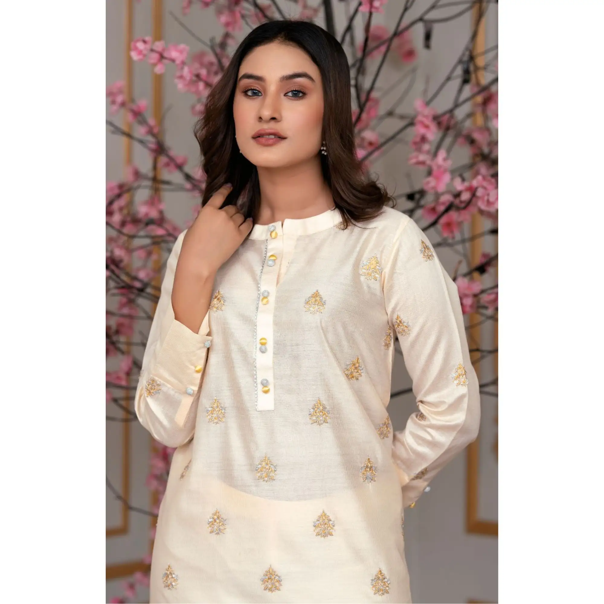 Bint Al Bilaad Embroidered Suit Ready to Wear Embroidered Khadi Viscose fabric Shirt Trouser (2 PIECE) #BB-027