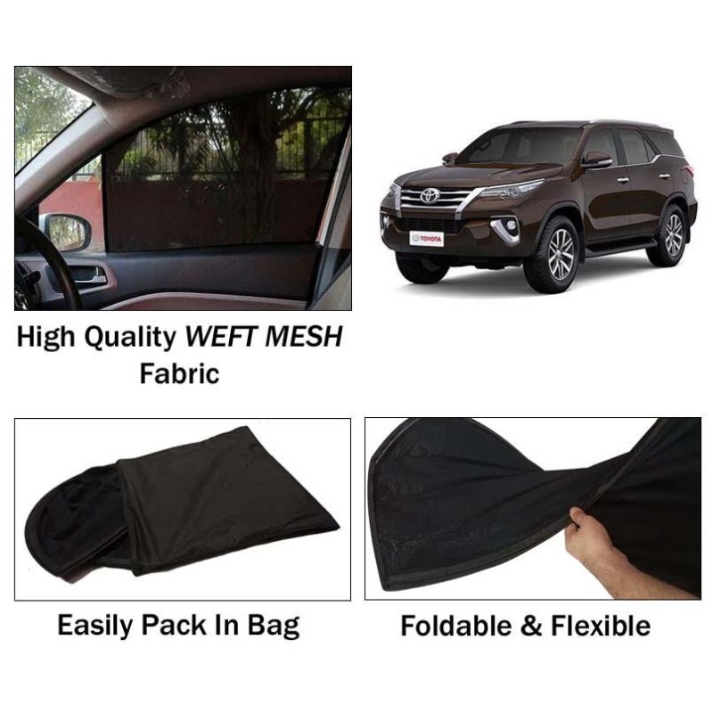 Toyota Fortuner 2016 - 2020 Sun Shades | Foldable | Mesh Fabric | Flexible Rods | Dark Black | Packed In Bag