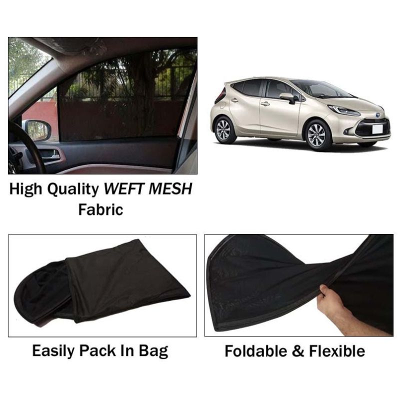 Toyota Aqua 2021 - 2024 Sun Shades | Foldable | Mesh Fabric | Flexible Rods | Dark Black | Packed In Bag