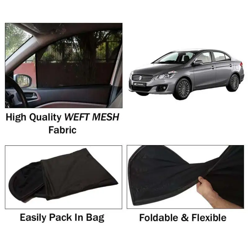 Suzuki Ciaz Sun Shades | Foldable | Mesh Fabric | Flexible Rods | Dark Black | Packed In Bag