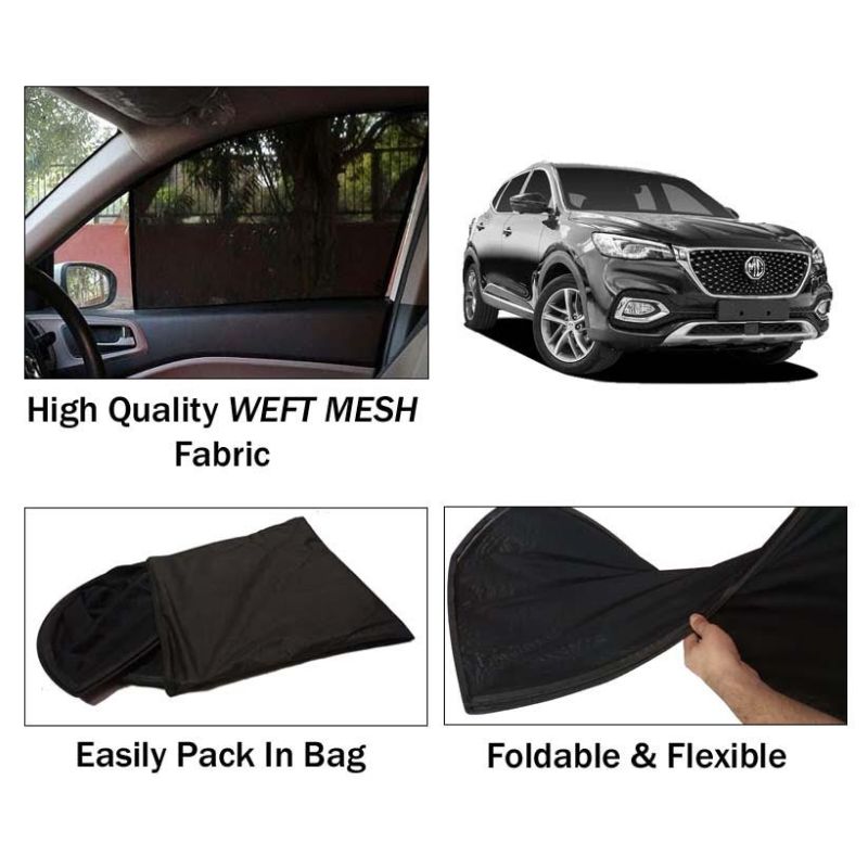 MG HS Sun Shades | Foldable | Mesh Fabric | Flexible Rods | Dark Black | Packed In Bag