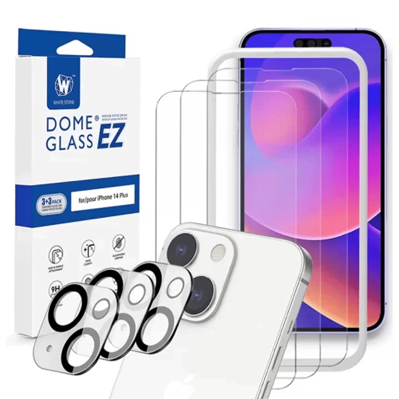 Whitestone Dome EZ with Cam for iPhone 14 Plus EZ Glass Screen Protector with Jig & Camera Protector – 3 Pack