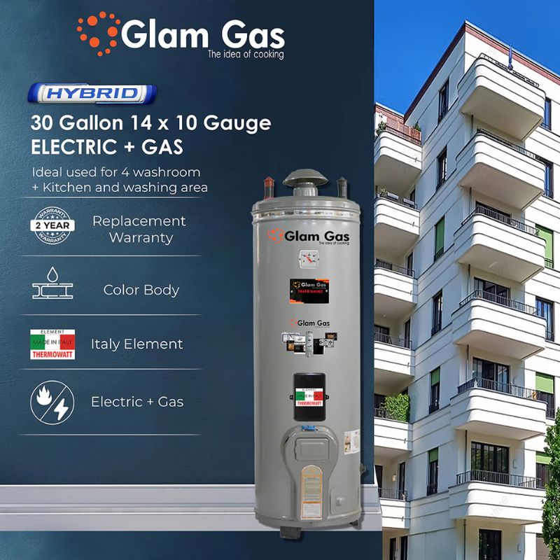 Glam Gas Water Heater 30 Gallon Electric + Gas (14 X 10) With Official Warrnaty