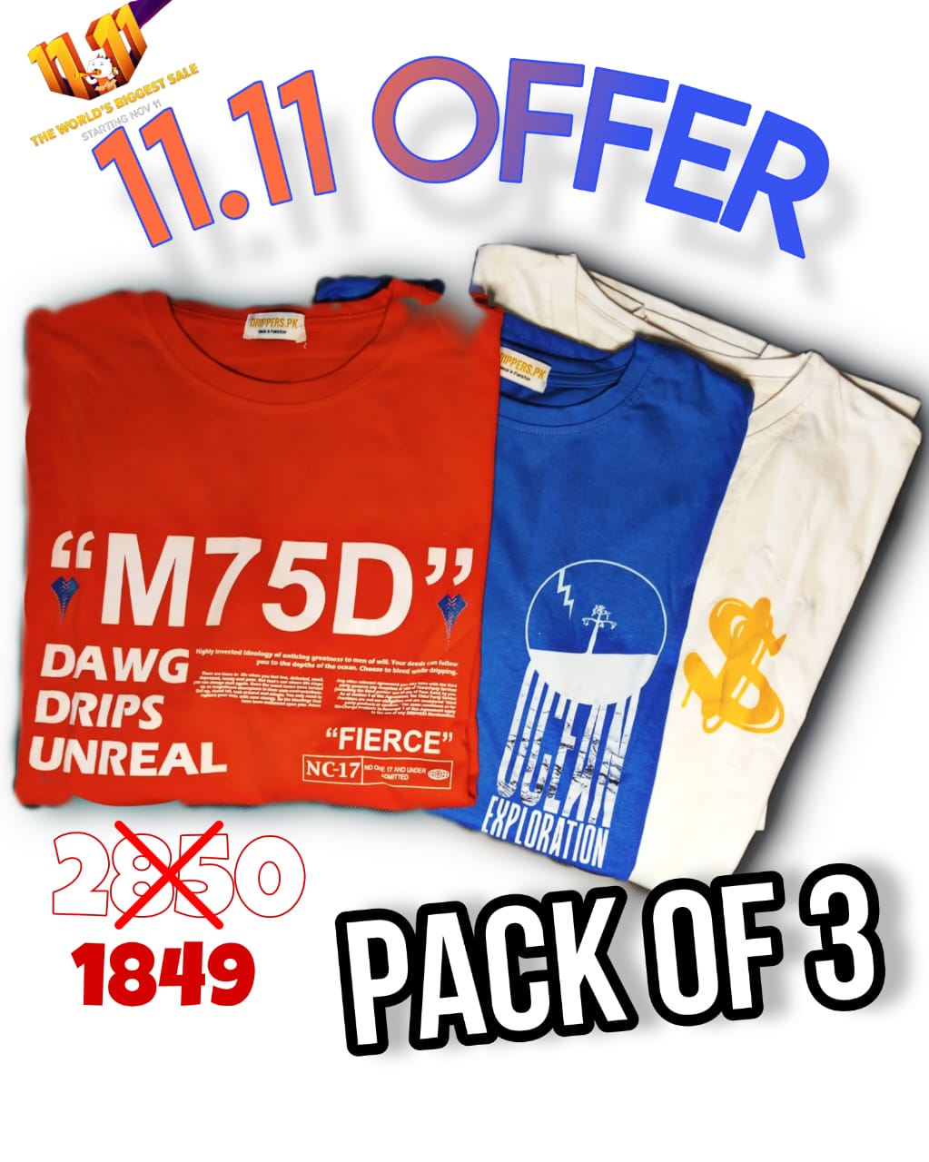 DRIPPERS Pack of 3 T-shirts Of Unisex Nature