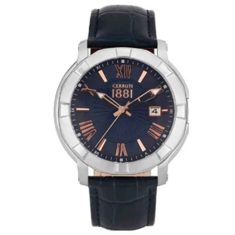 Cerruti Men's Lungro Round Shape Leather Band Analog Wrist Watch 44 mm - Blue - C CRWA25702
