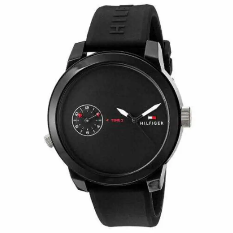 Tommy Hilfiger Men's Denim Round Shape Silicone Strap Analog Wrist Watch 44 mm - Black - 1791326