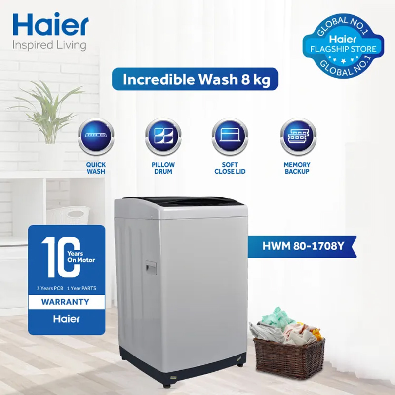 Haier HWM 80-1708Y 8Kg Top Load Fully Automatic Washing Machine With Official Warranty