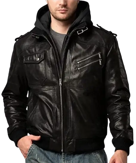 Black Sheepskin Leather Motorcycle Fashion Biker Jacket Men with Removable Hood