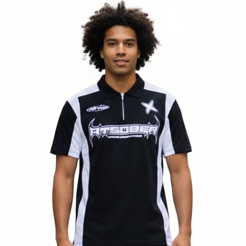 Aesthetic Gen Black High Street Racing Zipper Polo T-Shirt