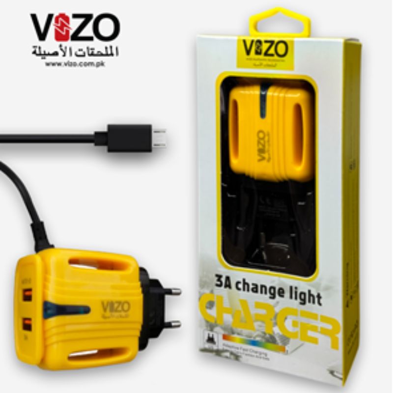 Vizo 3A Light Change Charger with 2 USB Ports & Built-in Micro USB Cable With Offical Warranty