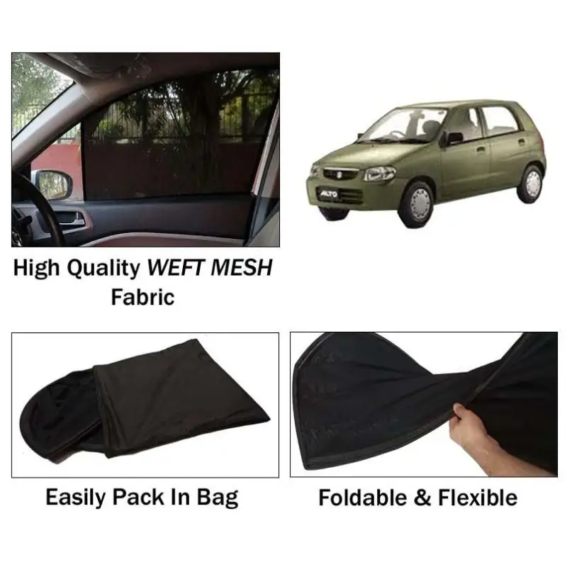 Suzuki Alto 2005 - 2018 Sun Shades | Foldable | Mesh Fabric | Flexible Rods | Dark Black | Packed In Bag
