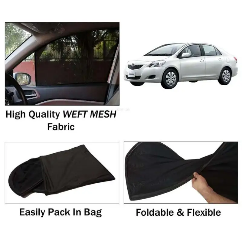 Toyota Belta Sun Shades | Foldable | Mesh Fabric | Flexible Rods | Dark Black | Packed In Bag