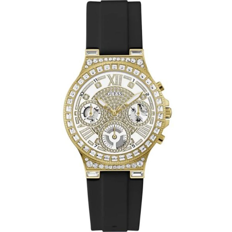 Guess Women’s Quartz Black Silicone Strap Gold & White Dial 36mm Watch GW0257L1