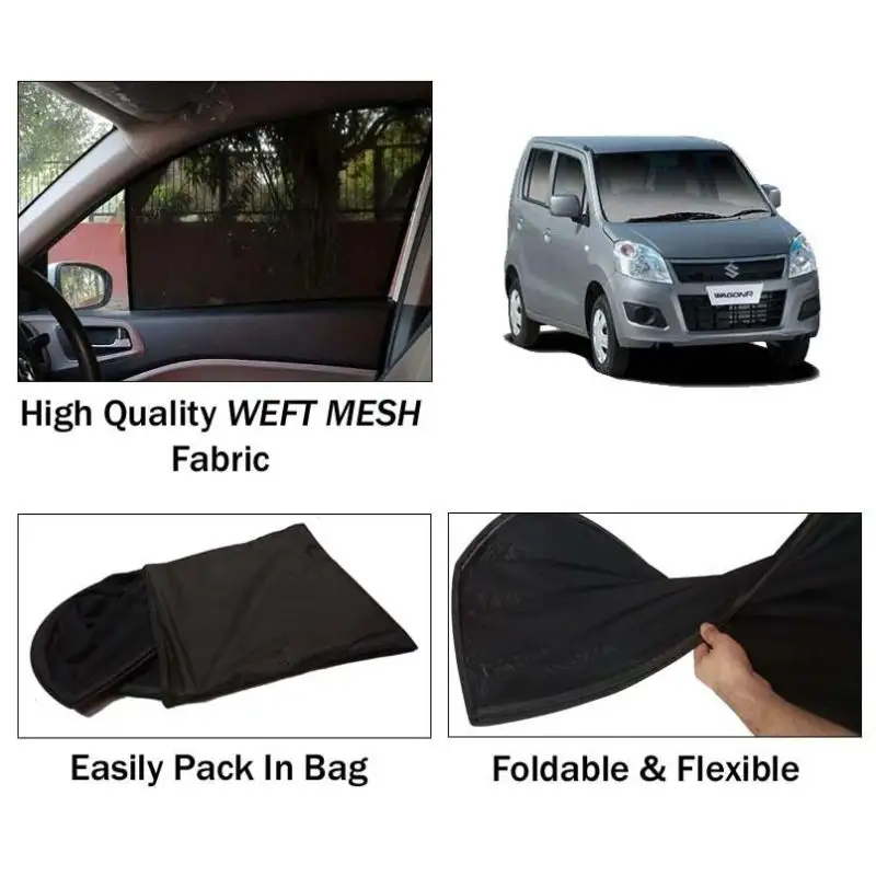 Suzuki Wagonr Sun Shades | Foldable | Mesh Fabric | Flexible Rods | Dark Black | Packed In Bag