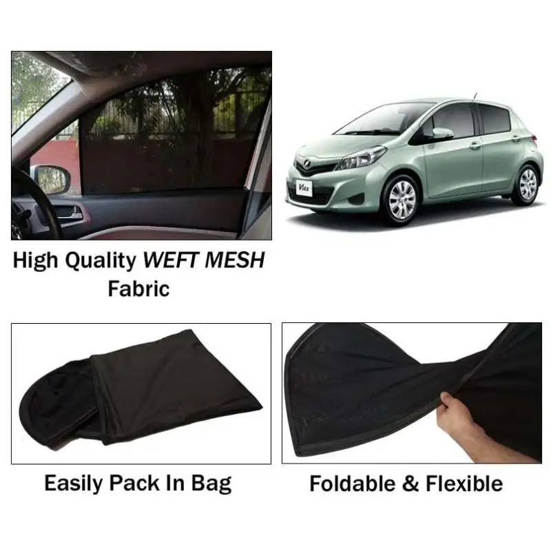 Toyota Vitz 2011 - 2016 Sun Shades | Foldable | Mesh Fabric | Flexible Rods | Dark Black | Packed In Bag