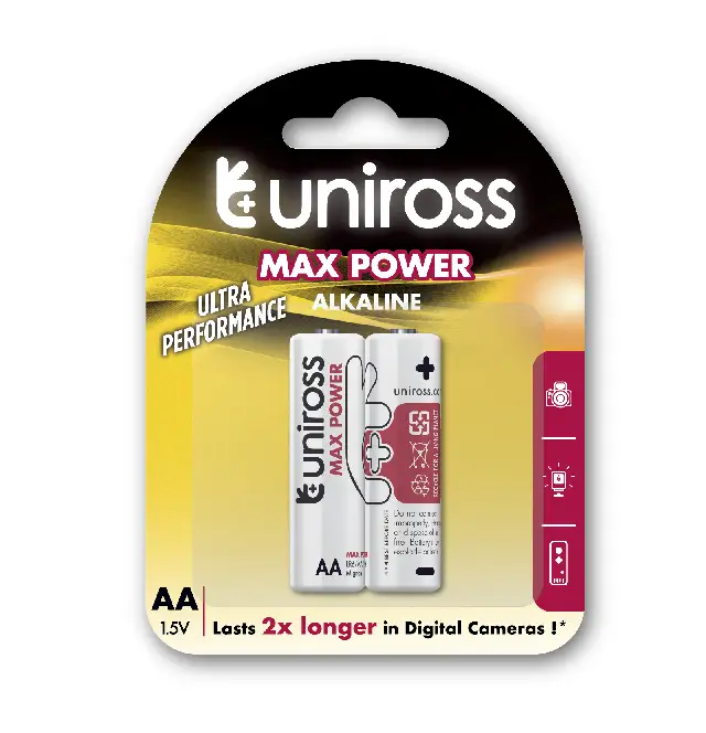 Original Uniross "AA" Size 1.5v Max Power Alkaline Battery Cells ( 2 Batteries )