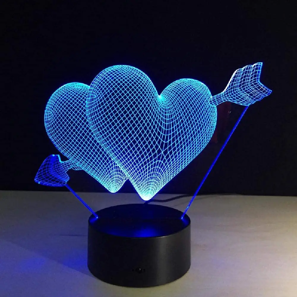 Romantic Love Cupid Arrow Through Double Heart 3D LED Illusion Lamp Bedside Table Lamp
