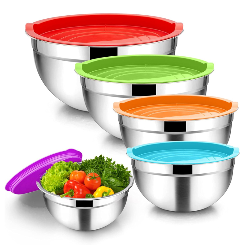 Stainless Steel Space Saving Mixing Bowl With Colorful Airtight Silicone Cover - Set Of 5