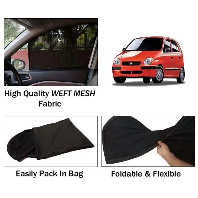 Hyundai Santro Executive Sun Shades | Foldable | Mesh Fabric | Flexible Rods | Dark Black | Packed In Bag