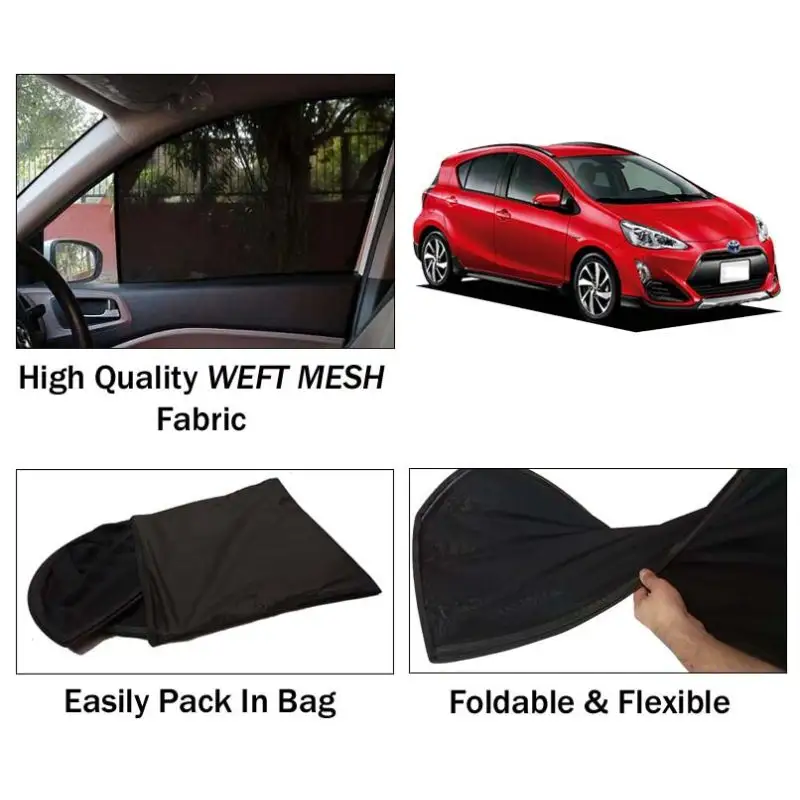 Toyota Aqua 2012 - 2020 Sun Shades | Foldable | Mesh Fabric | Flexible Rods | Dark Black | Packed In Bag