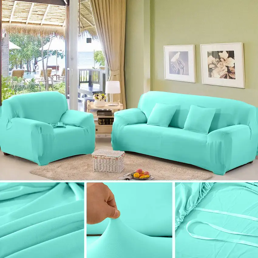 Cyan Sofa Cover 6 Seater (3+2+1) | Stretchable 6 Seater Sofa Covers Set | Elastic Fitted Solid Color Jersey Cover Jumbo Size | Comfortable Couch Cover | Narmo Gudaz