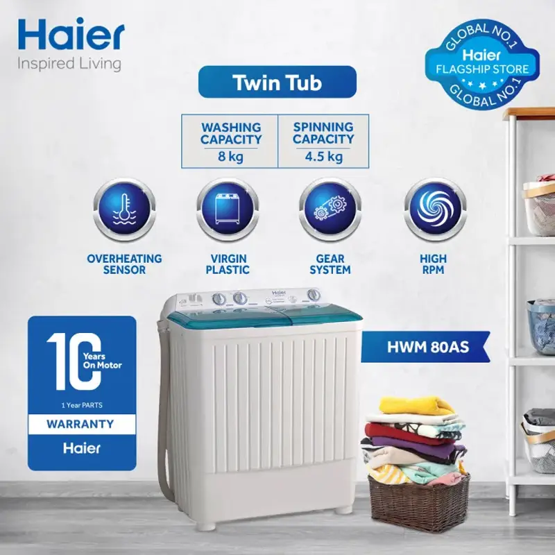 Haier HWM 80-AS 8Kg Top Load Twin Tub Semi Automatic Washing Machine With Official Warranty.