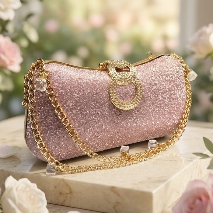 Milli Legacy Shimmering Evening Clutch With Interlocking Crystal Rings
