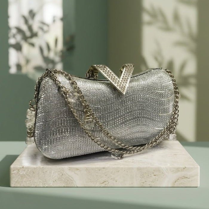 Milli legacy Elegant Wave Pattern Shimmer Clutch