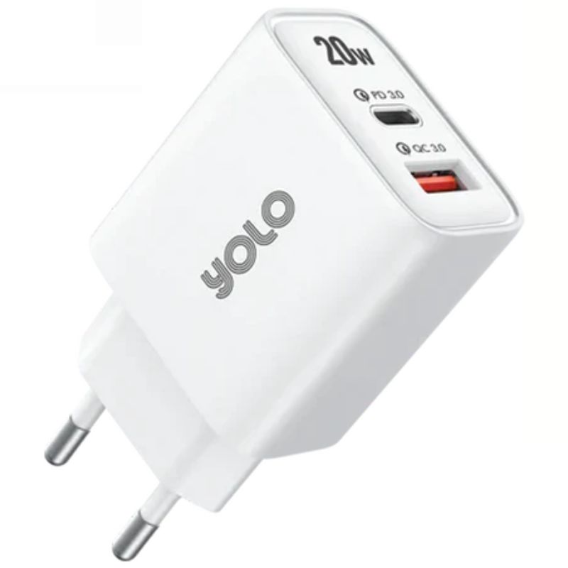Yolo Dual Port Usb A to Type C Charger 20W (Y-201) With 6 Mon Official Warranty