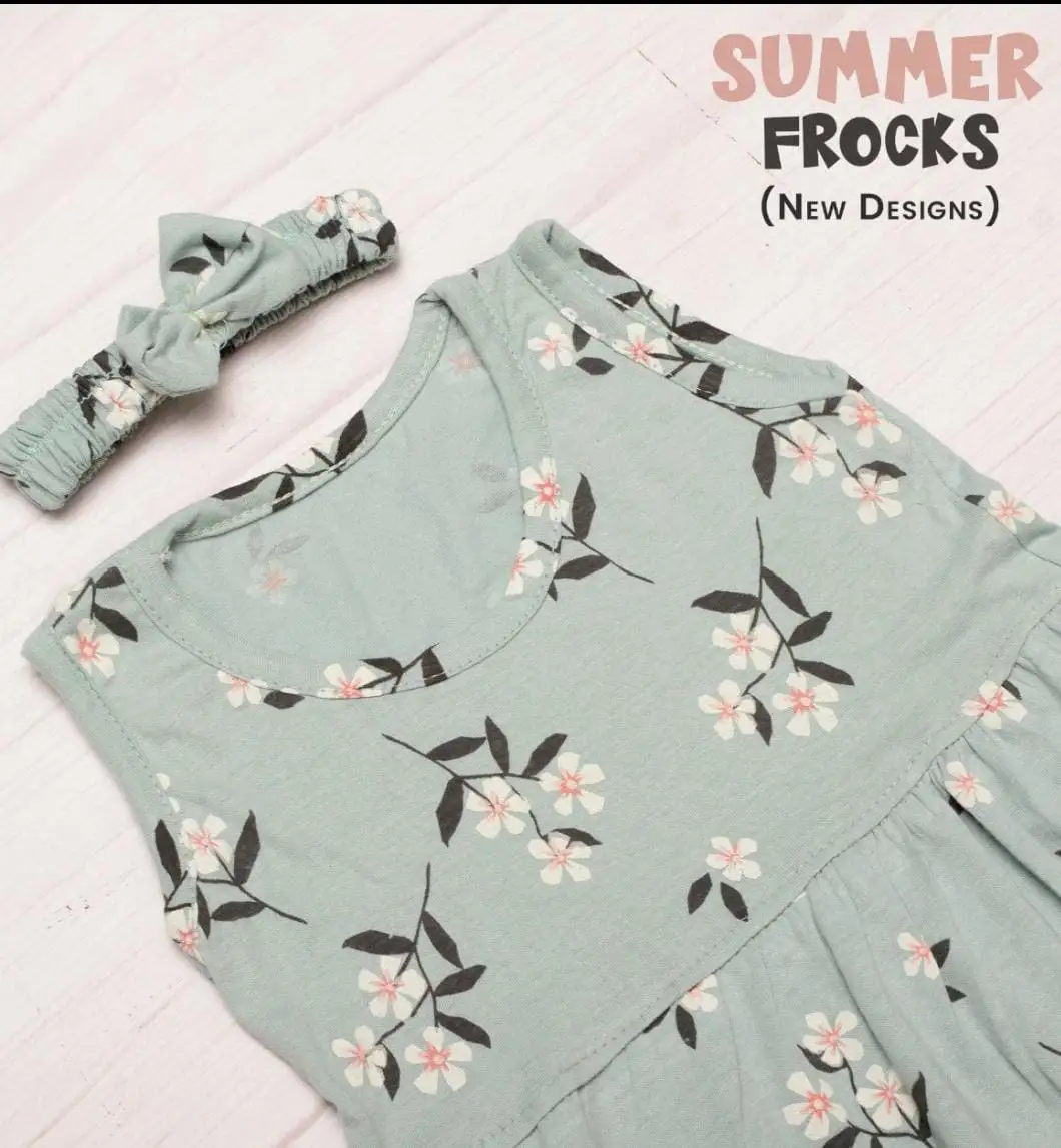Summer frock with bow hair band Baby Girls Summer frocks printed   (2 years )