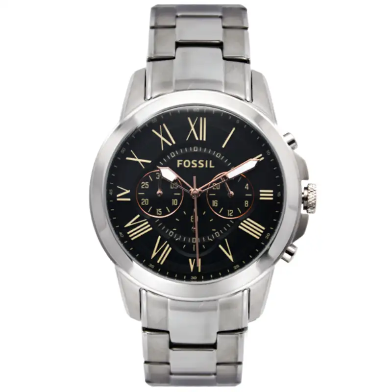 Fossil Grant Silver Stainless Steel Black Dial Chronograph Watch For Gents - FS4994