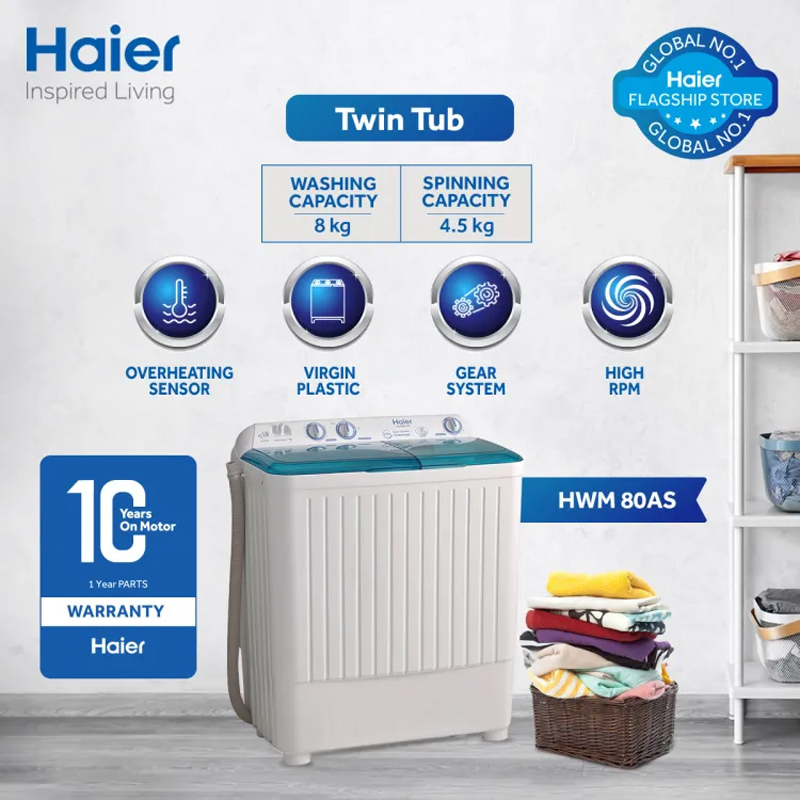 Haier HWM 80-AS 8Kg Top Load Twin Tub Semi Automatic Washing Machine With Official Warranty.