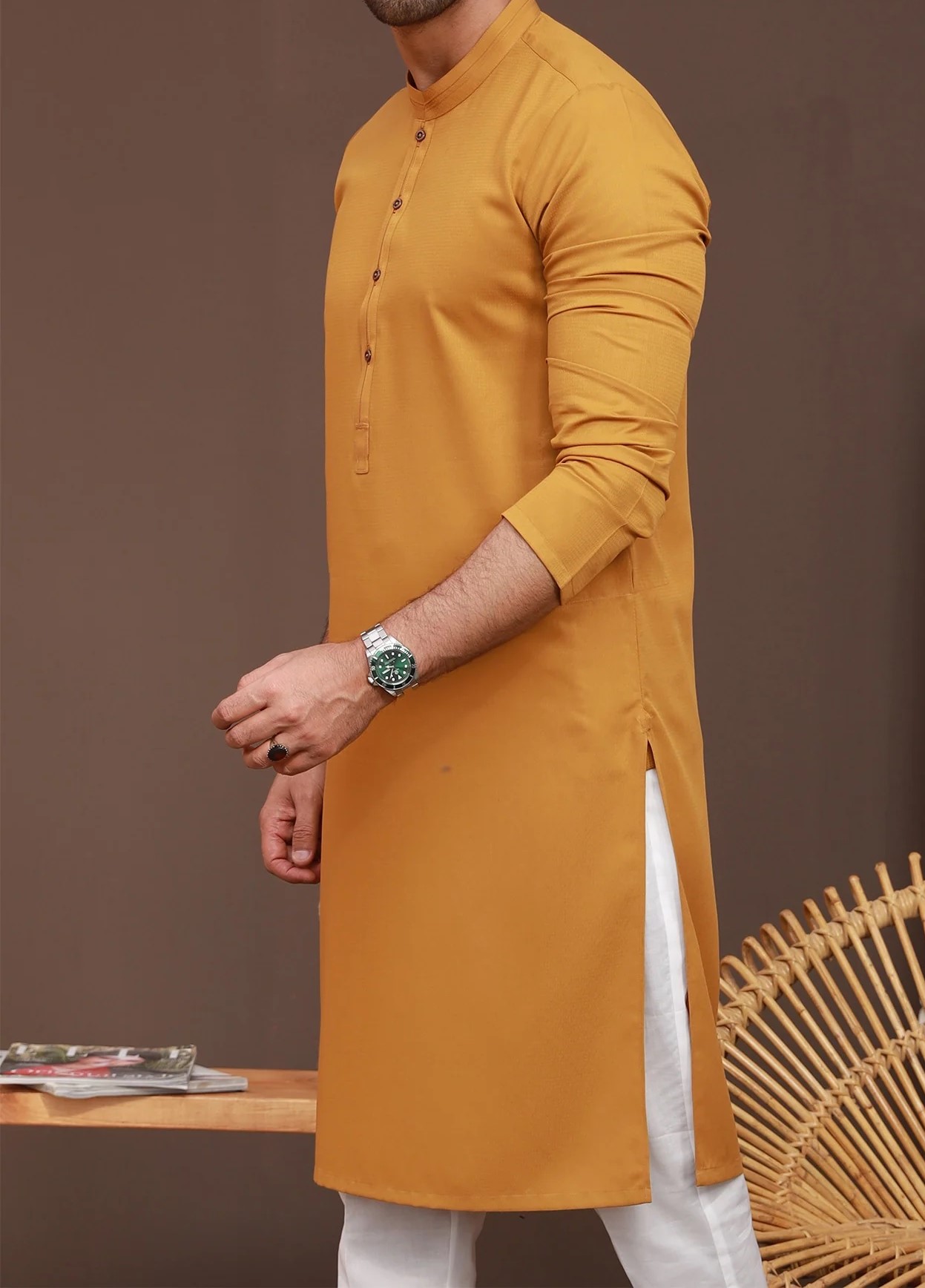 Mustard Kurta with Plain White Bottom (Wash n Wear)