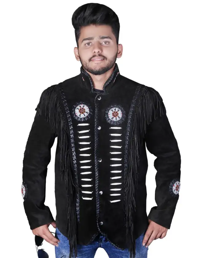 Fringed and Beaded Winter Black Suede Leather Jacket Men - Native American Western Style Coat