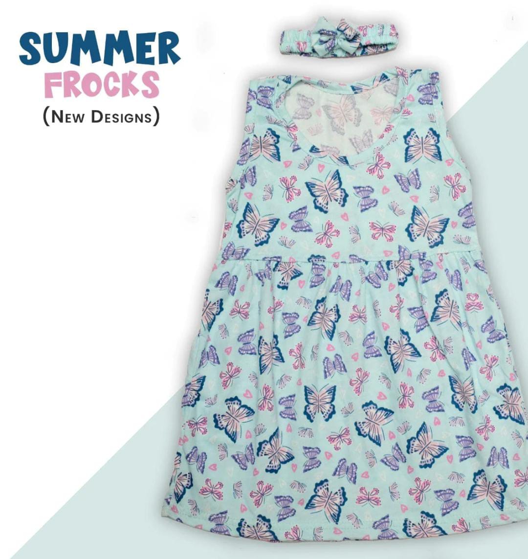 Summer frock with bow hair band Baby Girls Summer butterfly printed forck with band (12 months )