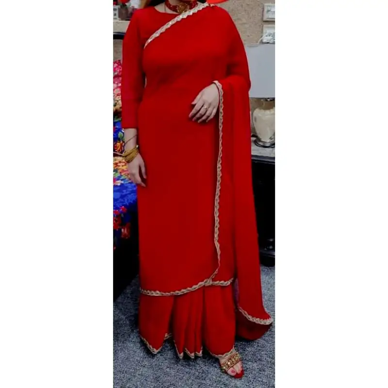 BQ Clothing - Hot Red Chiffon Saree - Stitched